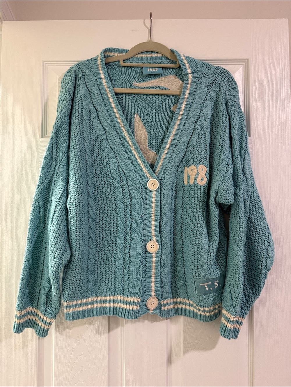 Taylor Swift Teal Cable-Knit Button Cardigan with Cream Trim